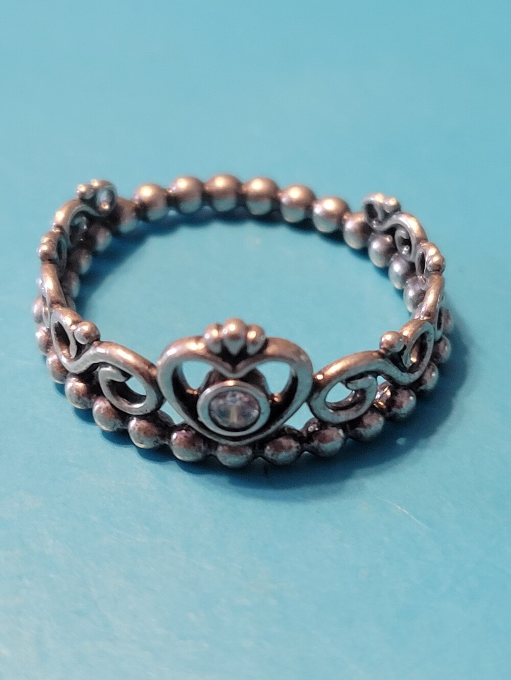 PANDORA Silver Heart Tiara Ring with Clear Stone SIZE 7.5